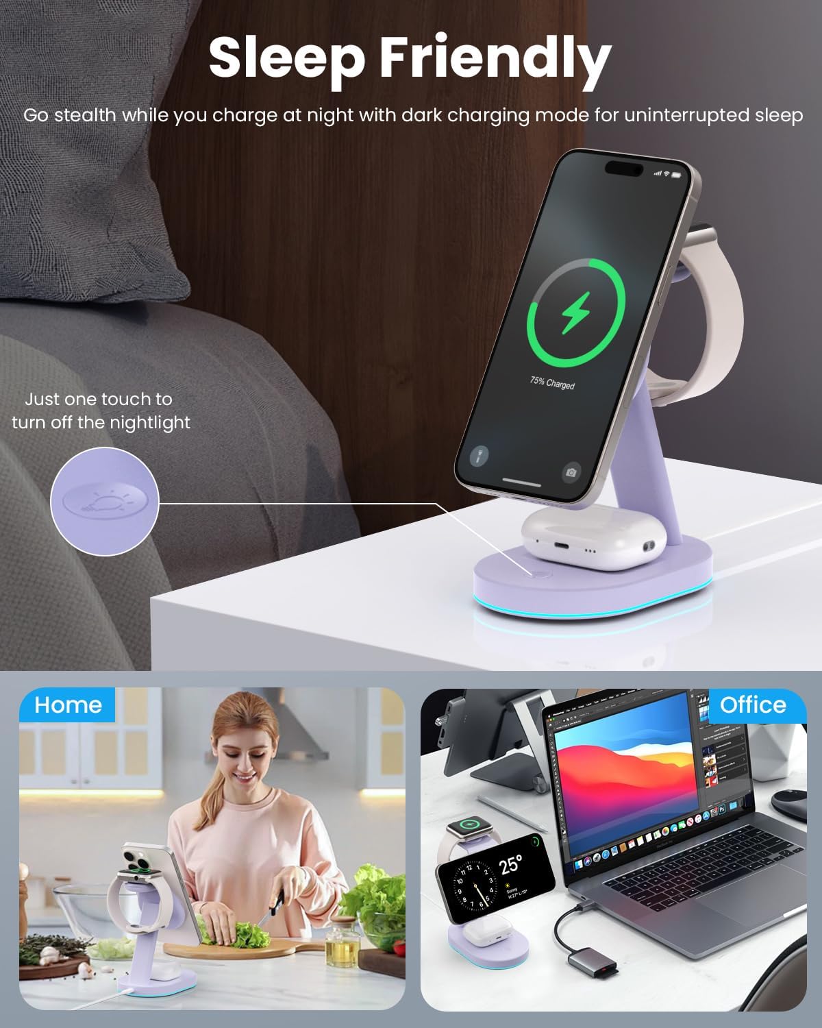 3 in 1 Wireless Charger Charging Station for iPhone,Qi2 Certified 15W Magnetic Charging Stand for Mag-Safe with 30W USB C Adapter&Friendly Night Light for iPhone 16/15/14/13/12,Apple Watch,AirPods