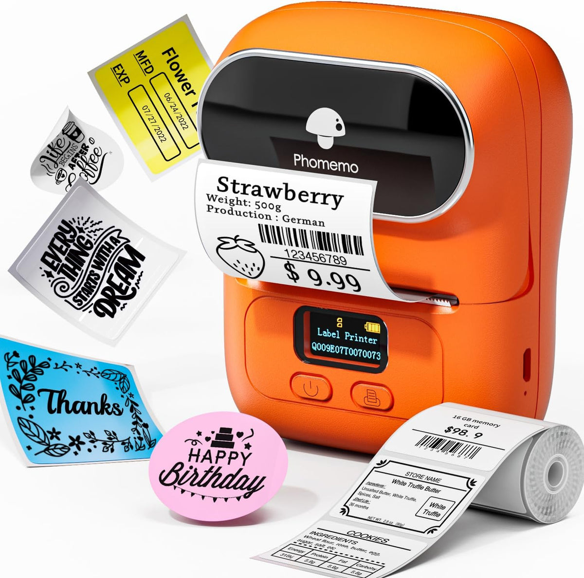 Phomemo M110 Label Maker Machine-Barcode Label Printer, Portable Sticker Maker for Price Tag, Logo,Address, Mailing, Home, Office & Small Business, Compatible with Phones&PC Orange