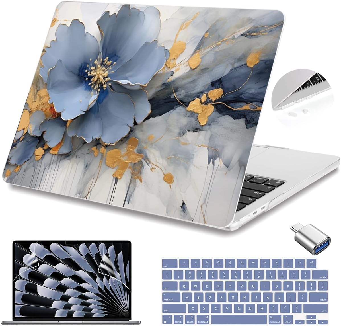 Teryeefi Compatible with A2941 M2/A3114 M3 MacBook Air 15 inch CaseRelease 2023 2024,Design Protective Slim Cover + Keyboard Cover + OTG Adapter for 15.3 inch MacBook Air Liquid Retina, Art Florals