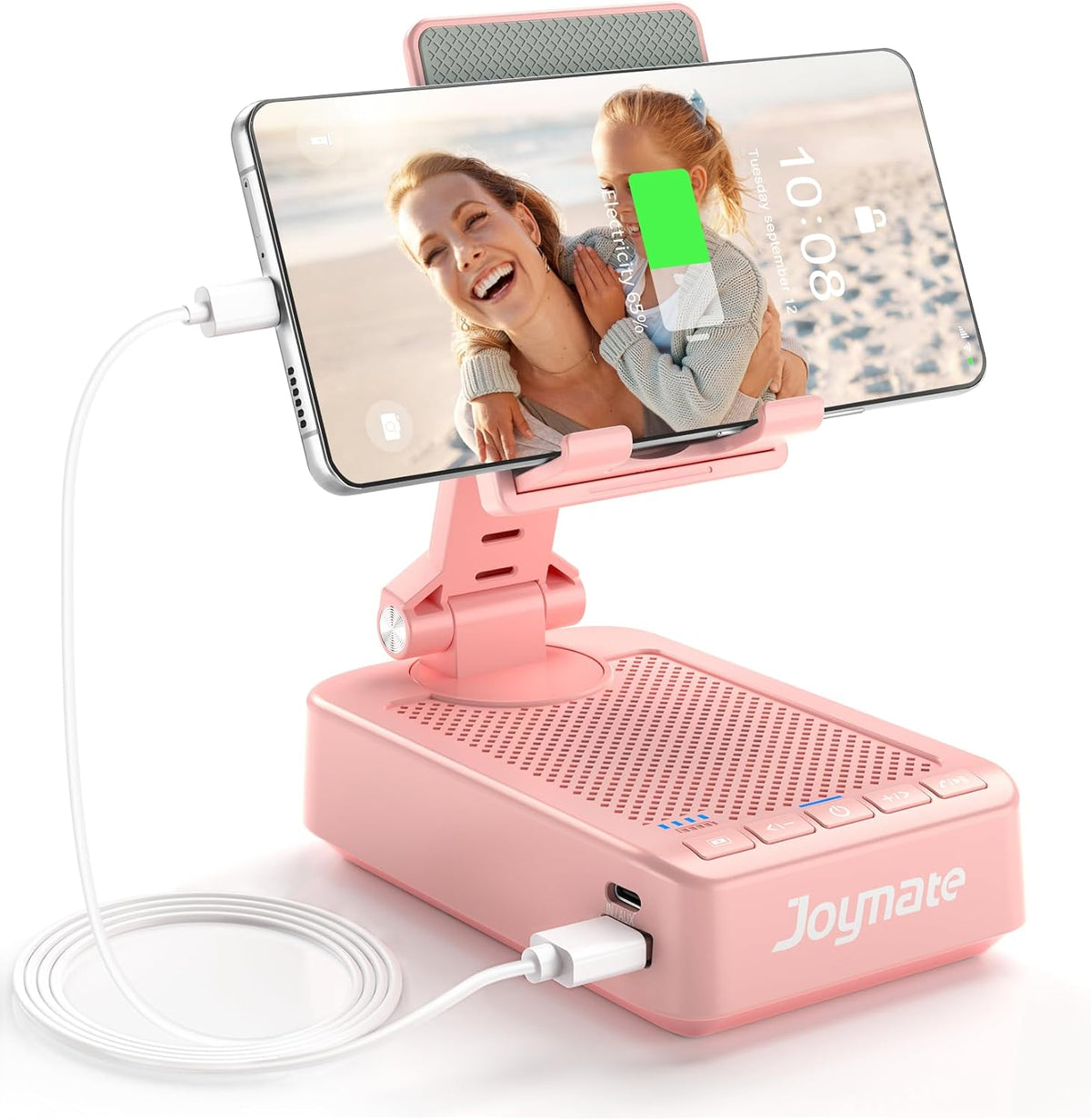 Gifts for Men Women, Phone Stand with Bluetooth Speaker and Charging Function 360° Rotable Angel Adjustable Cell Phone Holder with HD Stereo Sound Fits All Phones,Tablet (Pink)