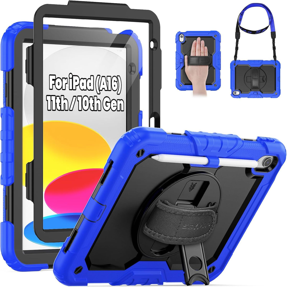 SEYMAC for iPad (A16) 11th/10th Generation Case 2025/2022 (11″/10.9″), Sturdy Heavy Duty Full-Body Shockproof Protective Case with Screen Protector, Rotating Stand, Hand/Shoulder Strap, Black/Blue