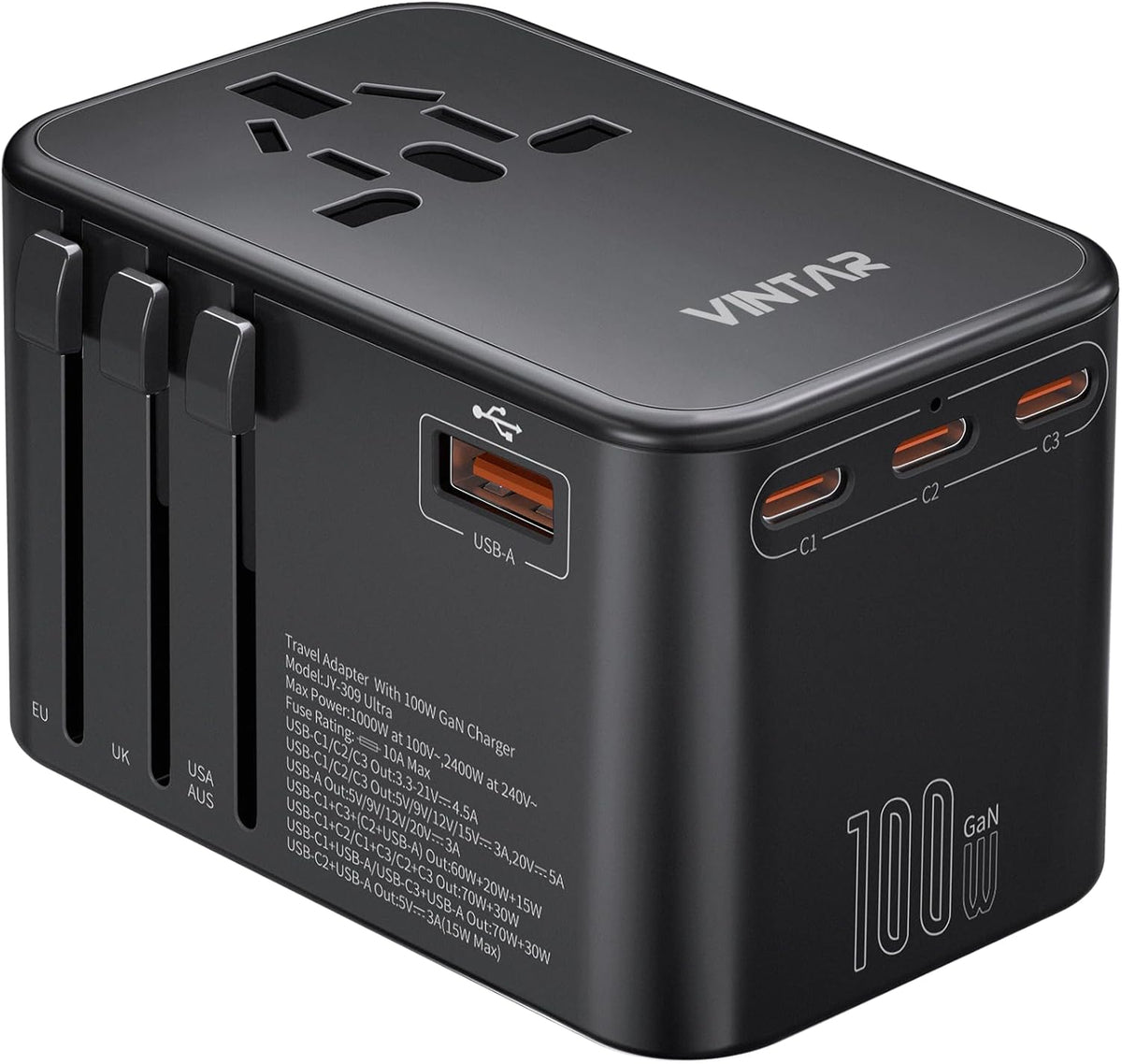 Universal Travel Adapter, VINTAR 100W GaN International Power Adapter with 3 USB C PD and 1 USB A QC, All in One Plug Adapter, Travel Adapter Worldwide for EU/UK/USA/AUS(Type C/G/A/I)