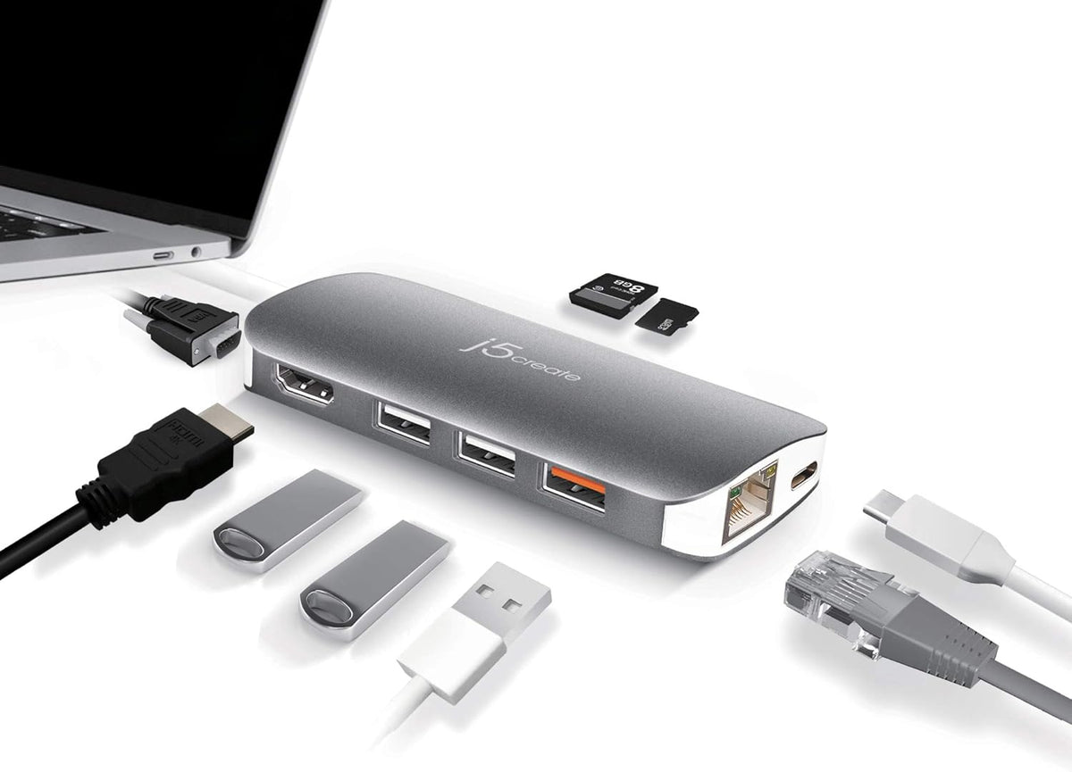 j5create USB C Hub Adapter Multi-Monitor 10-in-1 Port Docking Station 4K HDMI, VGA, Ethernet, USB 3.0, MicroSD, SD, USB-C 3.1 + Power Delivery | for PC, Laptop, Tablet, Display Connection
