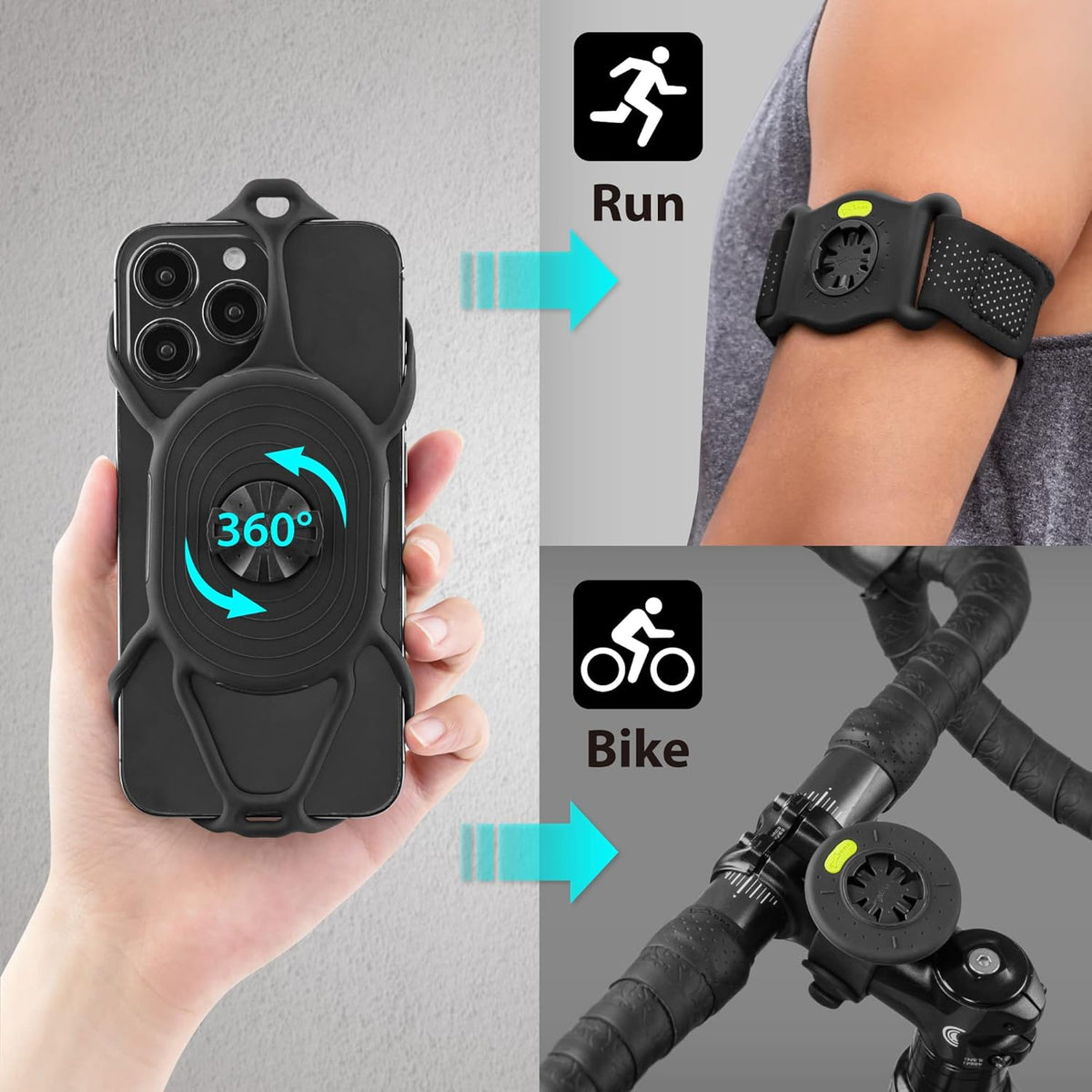 BONE Run + Bike Tie Connect Kit 2, 2-in-1 Running & Bike Phone Holder, Detachable & Rotatable 360° Sport Armband & Phone Mount Compatible with Most Smartphones (Stem/Armband 2-in-1 Connection Kit)