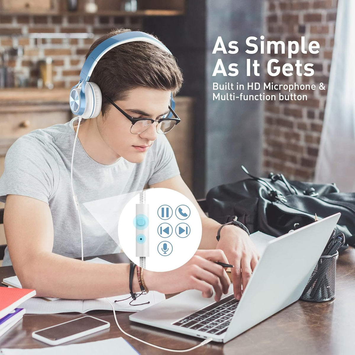 AILIHEN Kids Headphones for School Boys, Headphones with Microphone for Chromebook Laptop Computer Smartphone, 3.5mm Foldable Lightweight Headset for Teen Teenager (Blue)