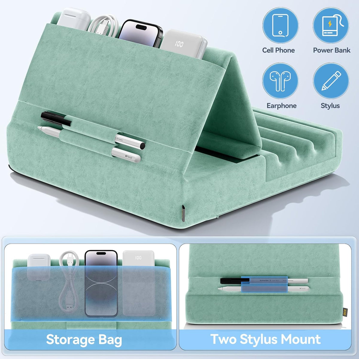 KDD Tablet Pillow Holder, Foldable iPad Stand for Lap, Bed and Desk -Tablet Soft Pad Dock with Pocket & Stylus Mount Compatible with iPad Pro 12.9, 10.5, 9.7 Air Mini 6 5 4 3, E-Reader