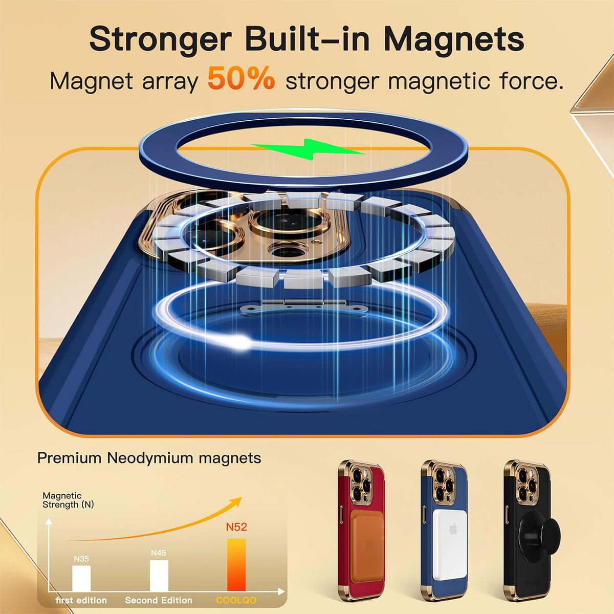 COOLQO for iPhone 14 Pro Case 6.1'' Upgraded 360° Spin Magnetic Stand [Compatible with Magsafe][Military Protection] Shockproof Protective Phone Holder Cover for iPhone 14 Pro, Blue Gold