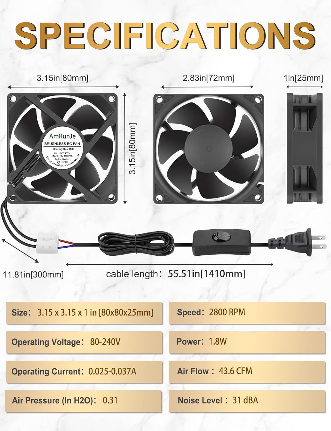 80mm 25mm 110V 120V 220V 240V EC Axial Cooling Fan x AC Ball Bearing Low Watt for PC Case, Projector, Cabinet, RV