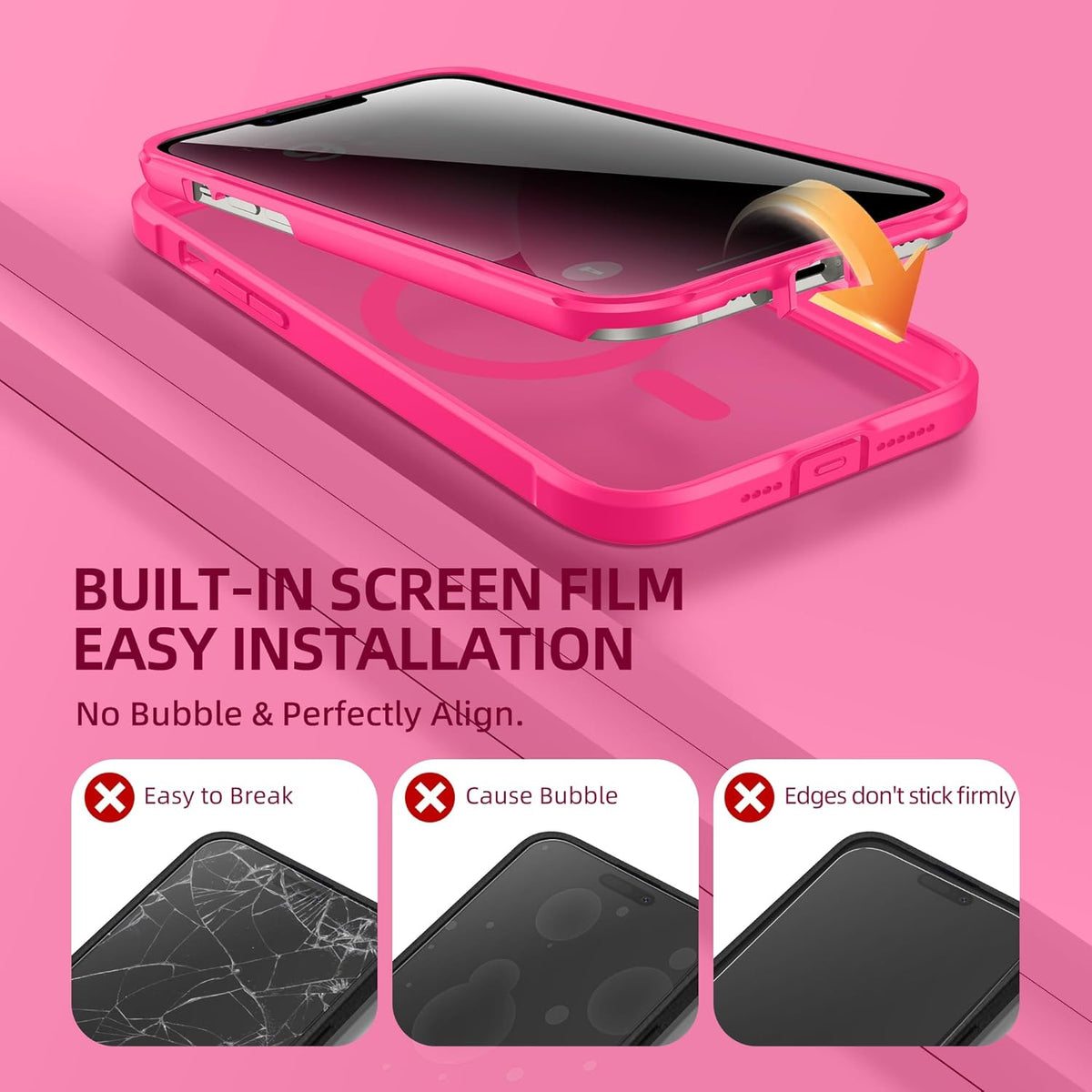 BERFY Magnetic for iPhone 13 Pro Max Case,Compatible with MagSafe,Built-in Privacy Screen Protector and Upgraded Camera Protection,Anti-Spy Full Body Shockproof Phone Case for 13 Pro Max 6.7",Hot Pink
