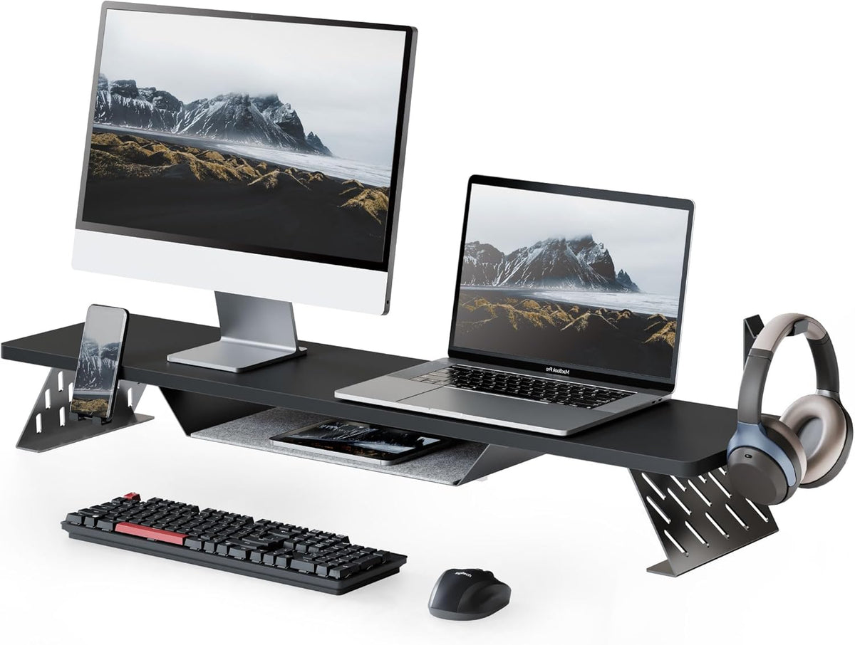 Fenge Dual Monitor Stand, 42.5 Inch Monitor Riser for Desk, Wood Desk Shelf for 2 Monitors, 2 Tier Monitor Shelf with Headphone Stand & Phone Holder