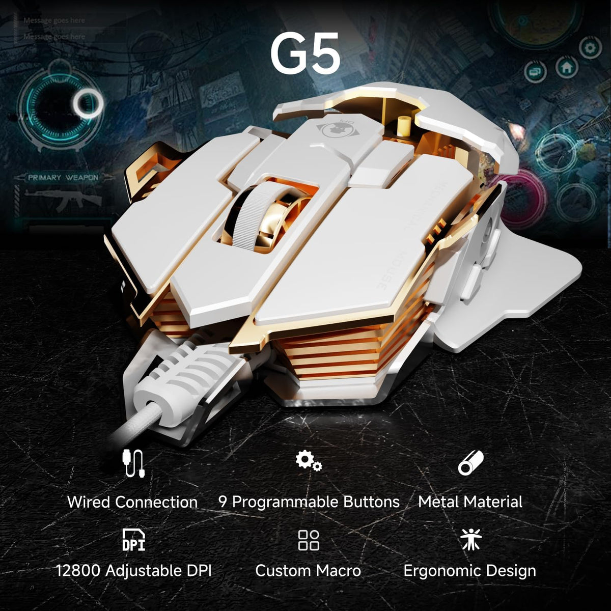 EWEADN G5 Wired Gaming Mouse, Ergonomic RGB Computer Mouse, 12800 Adjustable DPI, 9 Programmable Macro Buttons with Rapid Fire Key Compatible for PC/Laptop/Windows-White