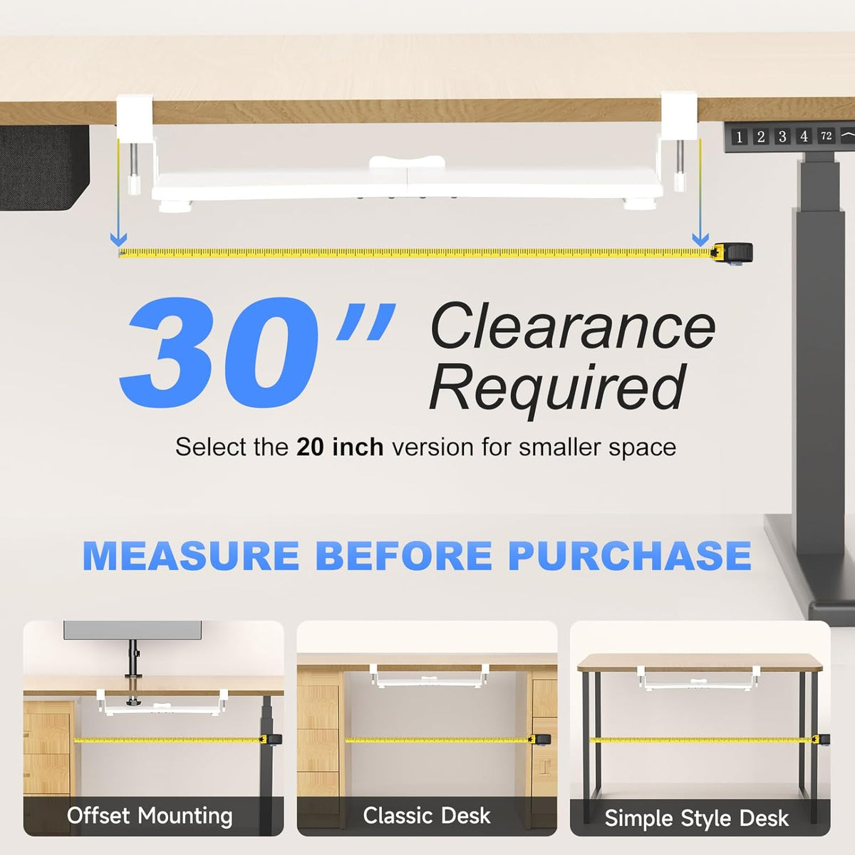 suptek Keyboard Tray Under Desk Pull Out with C Clamp Mount, Computer Keyboard & Mouse Tray, 25.6 (30 Including Clamps) x 11.8 inch Slide-Out Platform Computer Drawer for Typing, White, DSF1W
