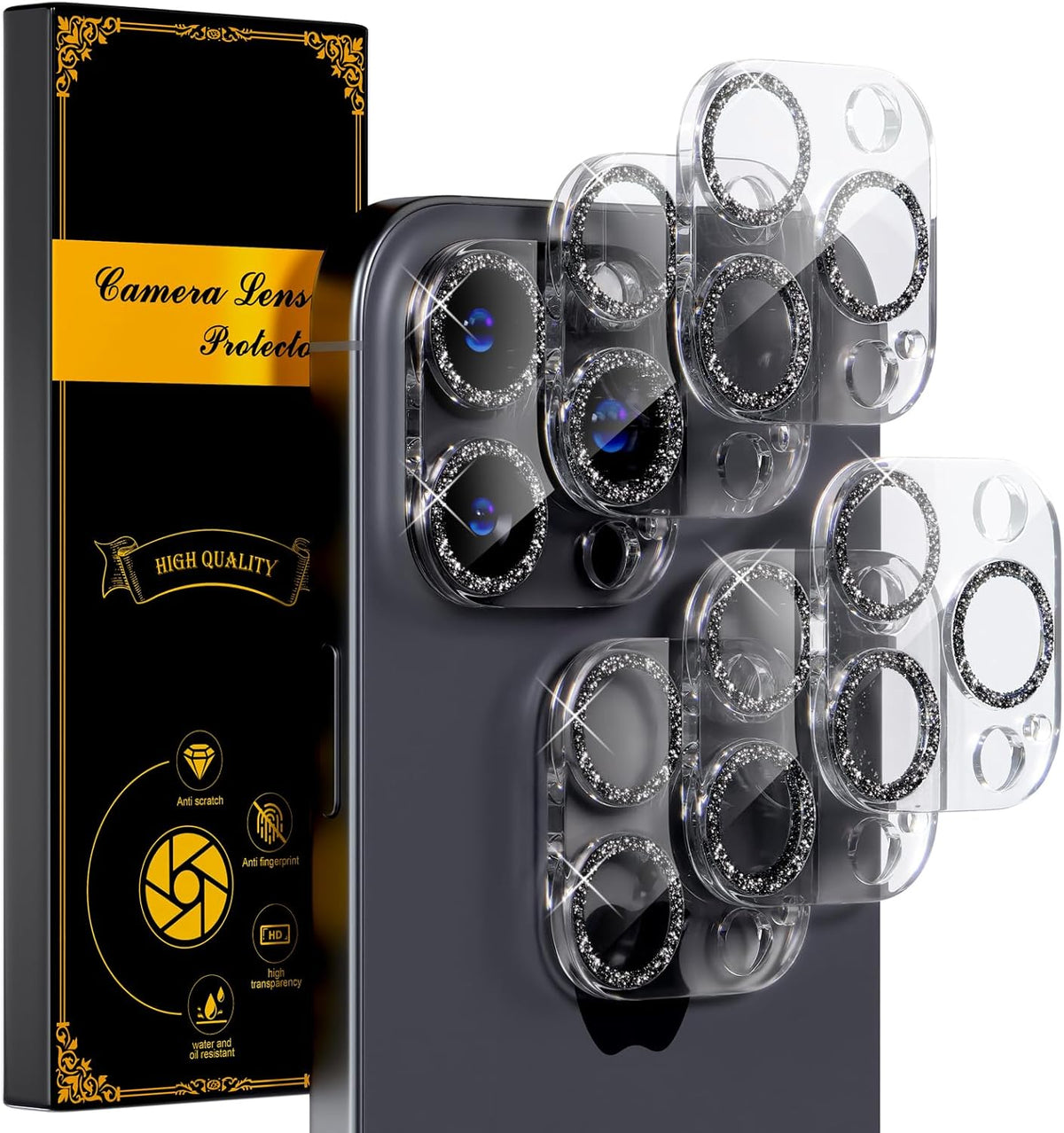 beuxece for 6 Pack iPhone 16 Pro/iPhone 16 Pro Max Camera Lens Protector [Drop Protection] [Case Friendly] [Easy Installation] 9H Tempered Glass Camera Screen Protector Cover, Glitter Black