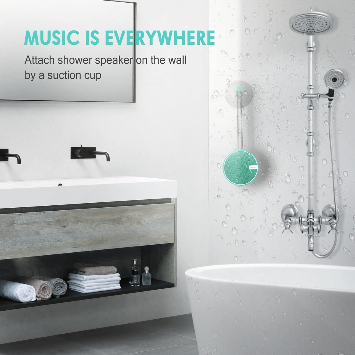 INSMY C12 IPX7 Waterproof Shower Bluetooth Speaker, Portable Small Speaker, Speakers Bluetooth Wireless Loud Clear Sound Support TF Card Suction Cup for Outdoor Kayak Canoe Beach Gift (Mint)
