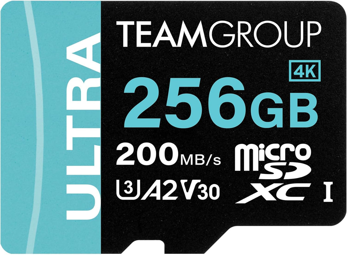 TEAMGROUP A2 Ultra Card 256GB Micro SDXC UHS-I U3 A2 V30, R/W up to 200/150 MB/s with Adapter TULMSDX256GIA2V3022503