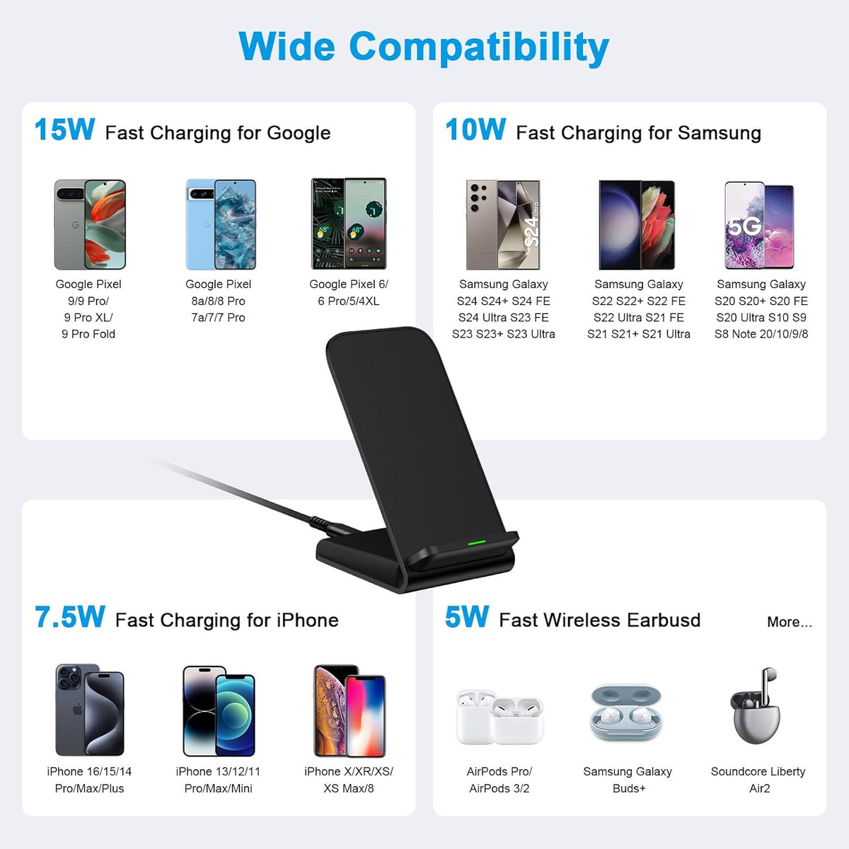 Wireless Charger Samsung Fast Charging Stand for Samsung Galaxy S25 S24 Ultra S24+ S24 S23 FE S22 S21 S20 S10, 15W Android Phone Wireless Charger Stand for Pixel 9 Pro XL Fold 8a 7 Pro, iPhone 16 15