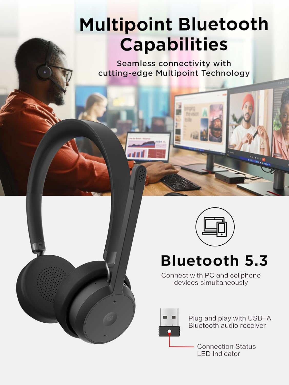 Lenovo Wireless VoIP Headset Teams Certified, Noise-Canceling Mic, Bluetooth 5.3 Multipoint, USB-A Receiver, 31-Hour Talk & 60-Hour Playback, Lightweight Over-Ear Design, Replaceable Earcups