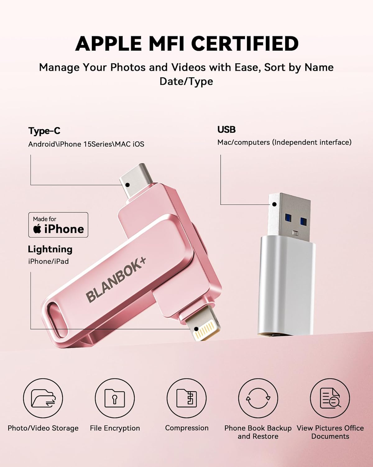 MFi Certified 256GB Flash Drive for iPhone Photo Stick, USB Thumb Drive Memory Stick High Speed USB Drive Photo Storage for iPhone Flash Drive Compatible for iPhone/iPad/Android/PC (Pink)