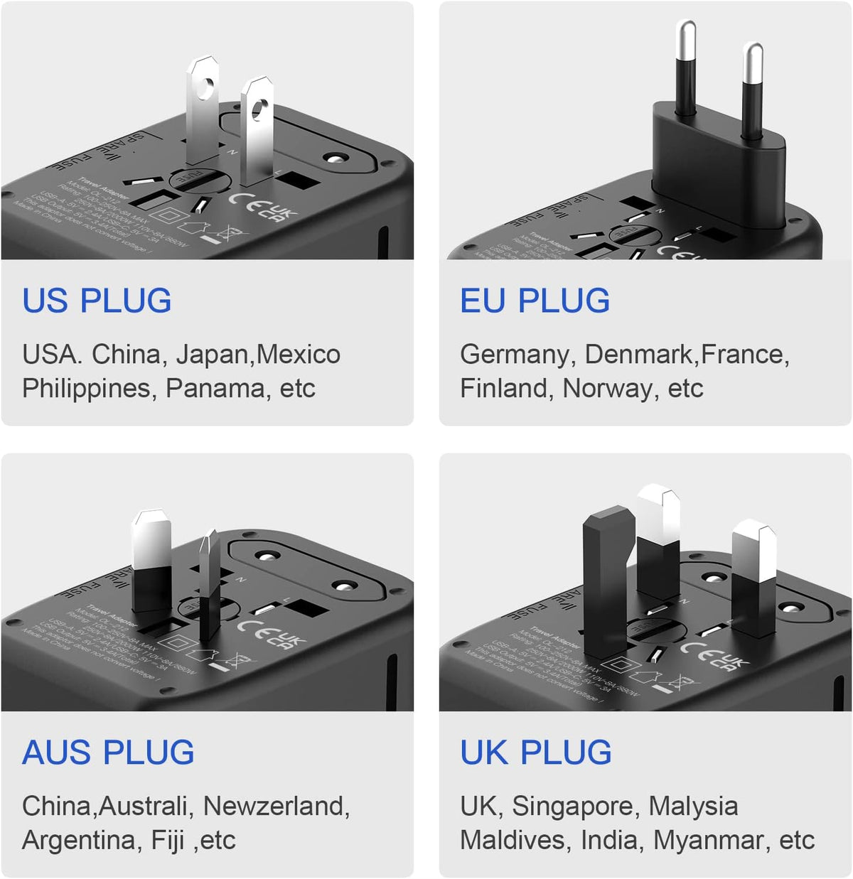 Universal International Power Travel Plug Adapter, 5 in 1 European Travel Plug Adapter W/ 3.5A 2xUSB-A and 2xUSB C Wall Charger and Worldwide AC Outlet for Europe USA UK AUS Asia