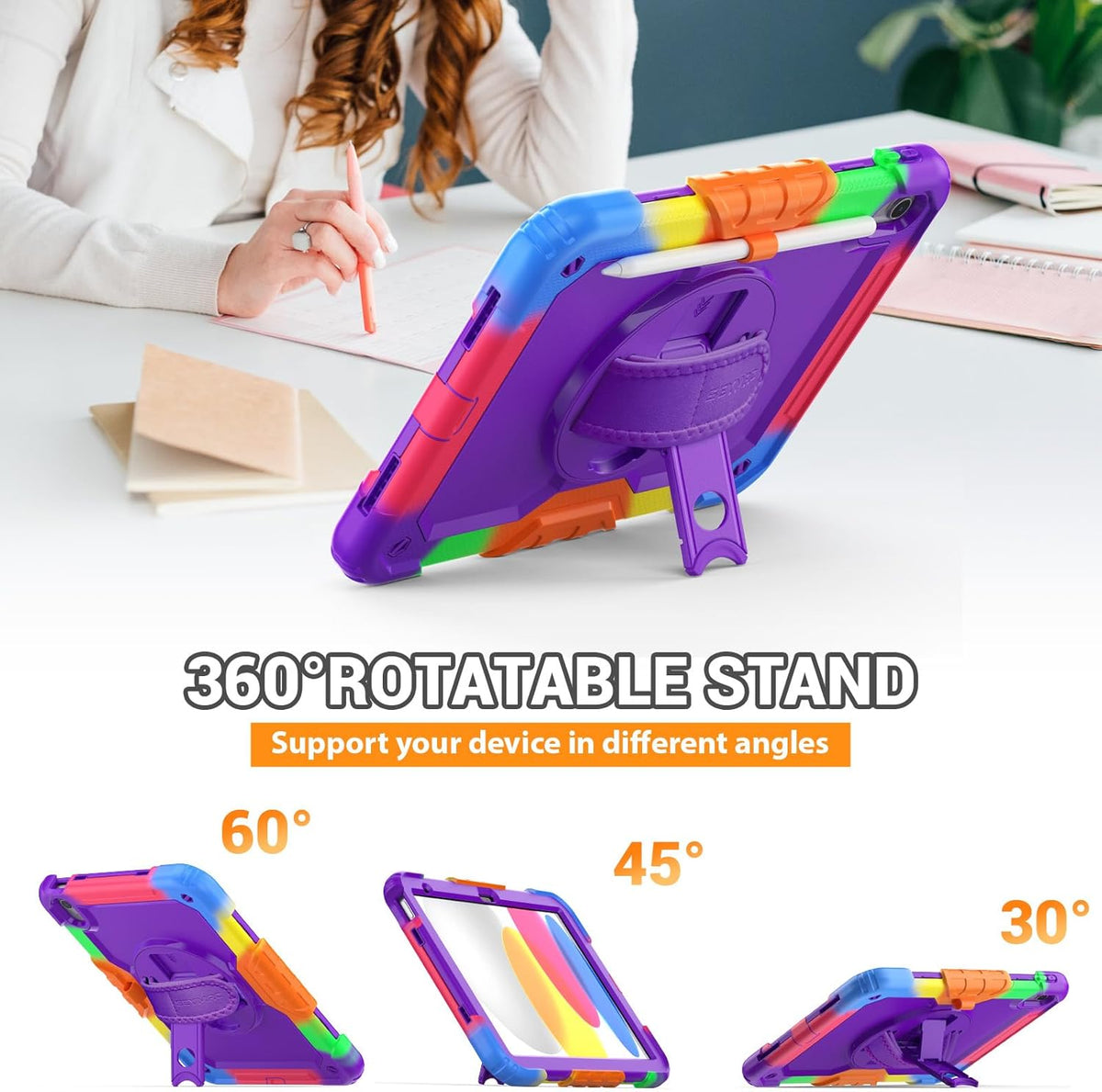 SEYMAC Case for iPad (A16) 11th/10th Generation 2025/2022 (11″/10.9″), Heavy Duty Full-Body Shockproof Protective Case with Screen Protector, Rotating Stand, Hand/Shoulder Strap, Colorful/Purple