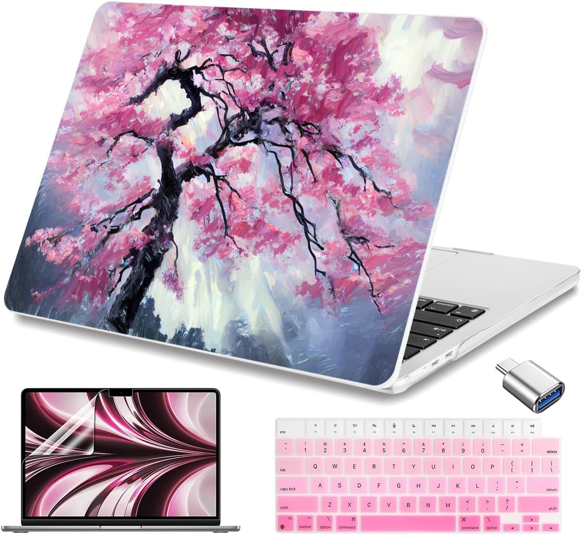 Teryeefi Compatible with M4 M3 M2 MacBook Air 13 inch Case 2025 2024 2023 2022 Release A3240 A3113 A2681 Model,Hard Shell Case for MacBook Air 13.6 inch + Keyboard Cover + Type C Adapter, Sakura-101