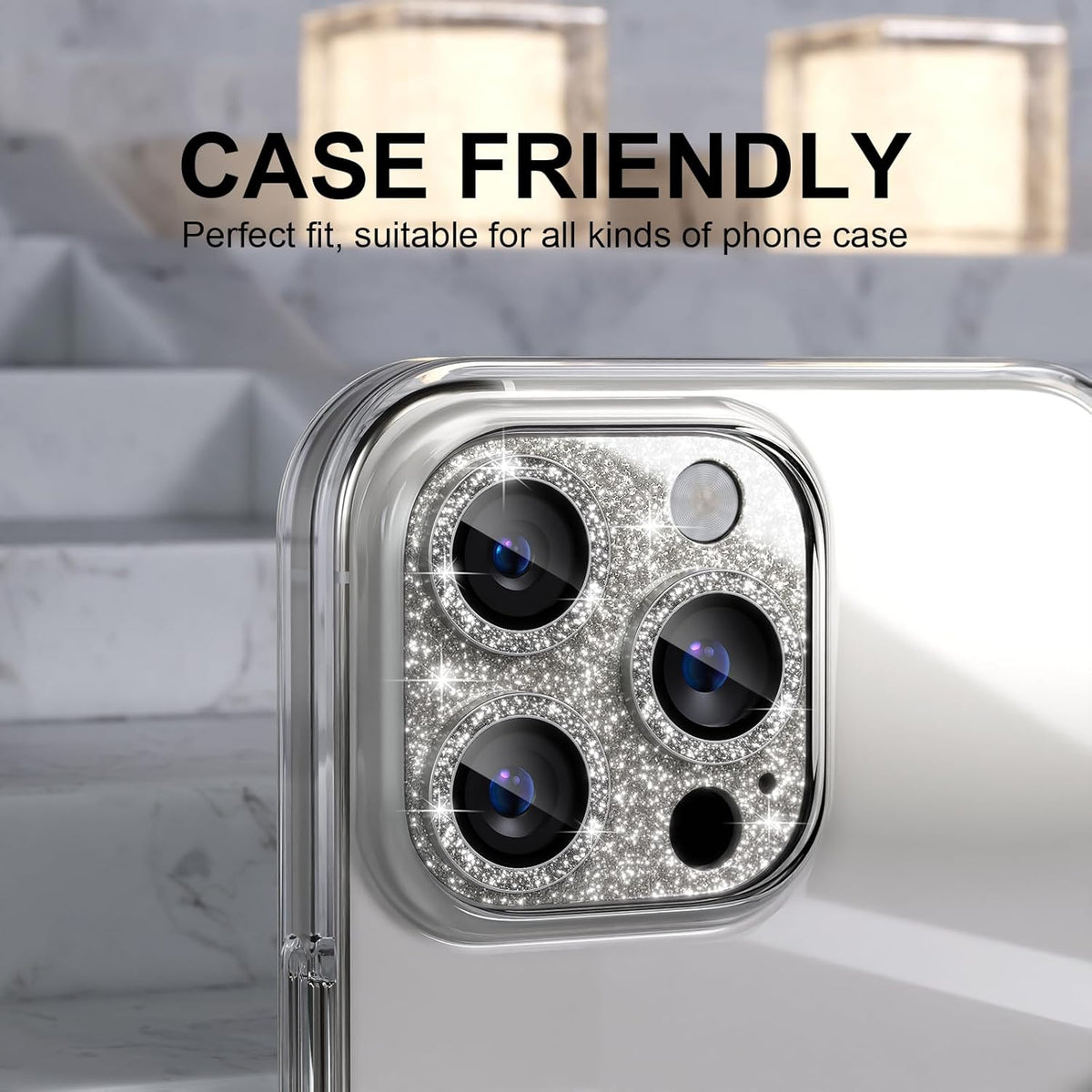 Choiche Compatible for iPhone 16 Pro/iPhone 16 Pro Max Camera Lens Protector, Bling Camera Cover with 9H Tempered Glass Lens Screen Protector Metal Ring Accessories (Glitter-Titanium Natural)