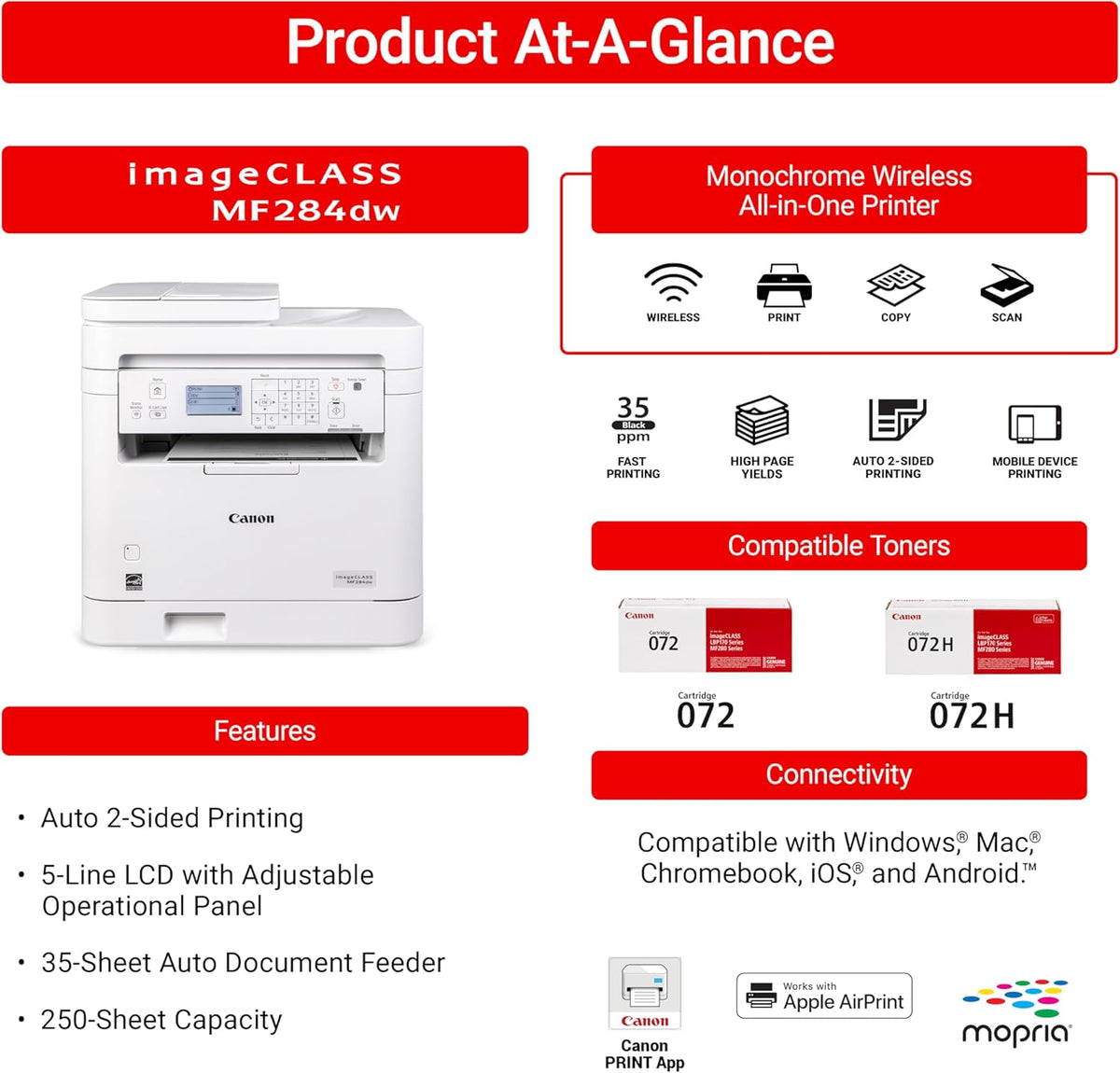 Canon imageCLASS MF284dw - Monochrome, Duplex, Wireless Laser Printer, Multifunction with Print, Copy, Scan, Auto Document Feeder, 1 Year Limited Warranty, 35 PPM, White