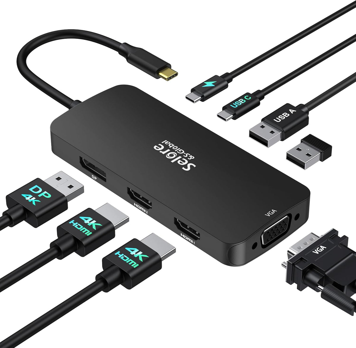 USB C Docking Station Dual HDMI Monitor Adapter, Selore USB C Hub 3 Monitors with Dual HDMI, Displayport, VGA, 100W PD Charging, 3USB 2.0 Ports Adapter for Dell XPS,HP, Lenovo,etc(Black)