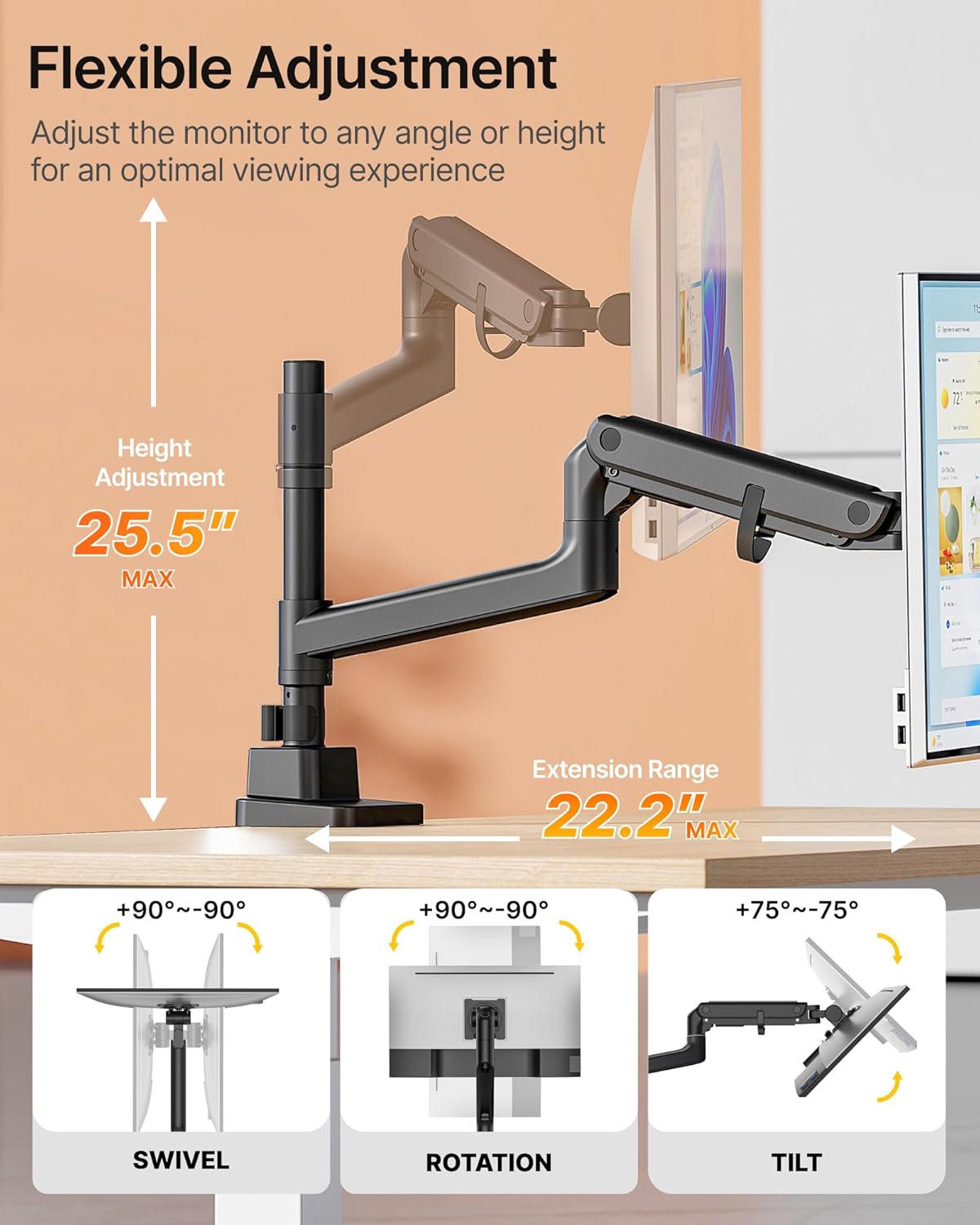 monTEK Heavy-Duty Single Monitor Arm for 17-57 inch, up to 59.4lbs Ultrawide Screens,Gas Spring Dual Curved Adjustable Monitor Stand for Desk,75/100mm VESA Mount with USB，Black