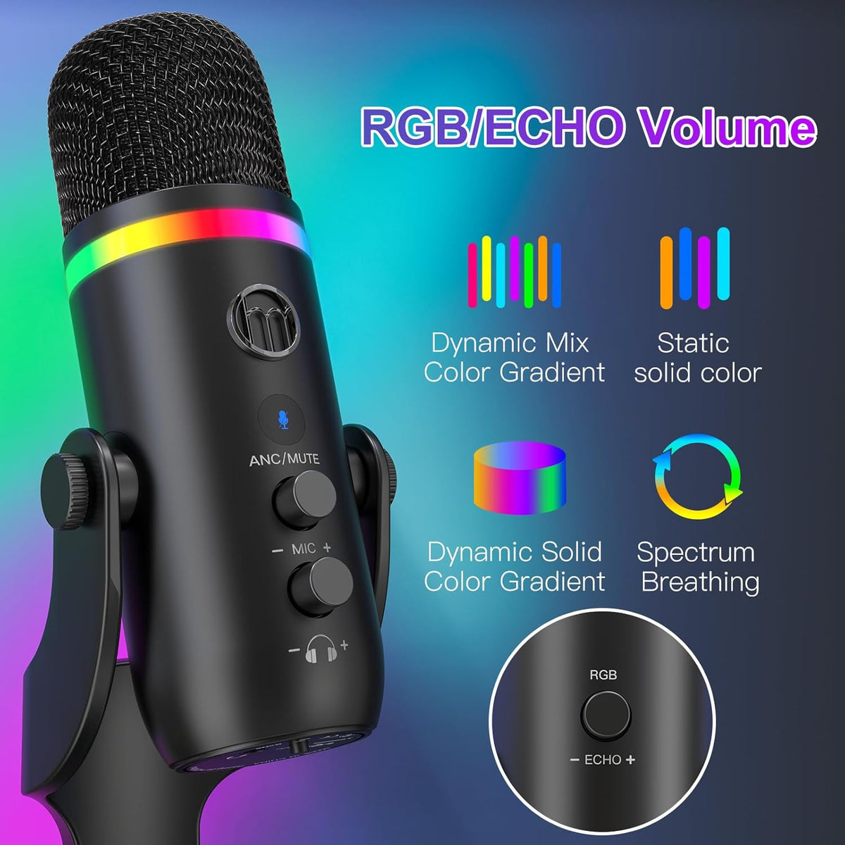 ZealSound USB Microphone for iPhone,Noise Cancellation Condenser mic with Touch Mute,Gain,Echo,Monitoring,RGB for iPad,PC,Podcast,Streaming,Twitch,YouTube,Discord,Computer,PS4,PS5,Mac,GamerWave K66