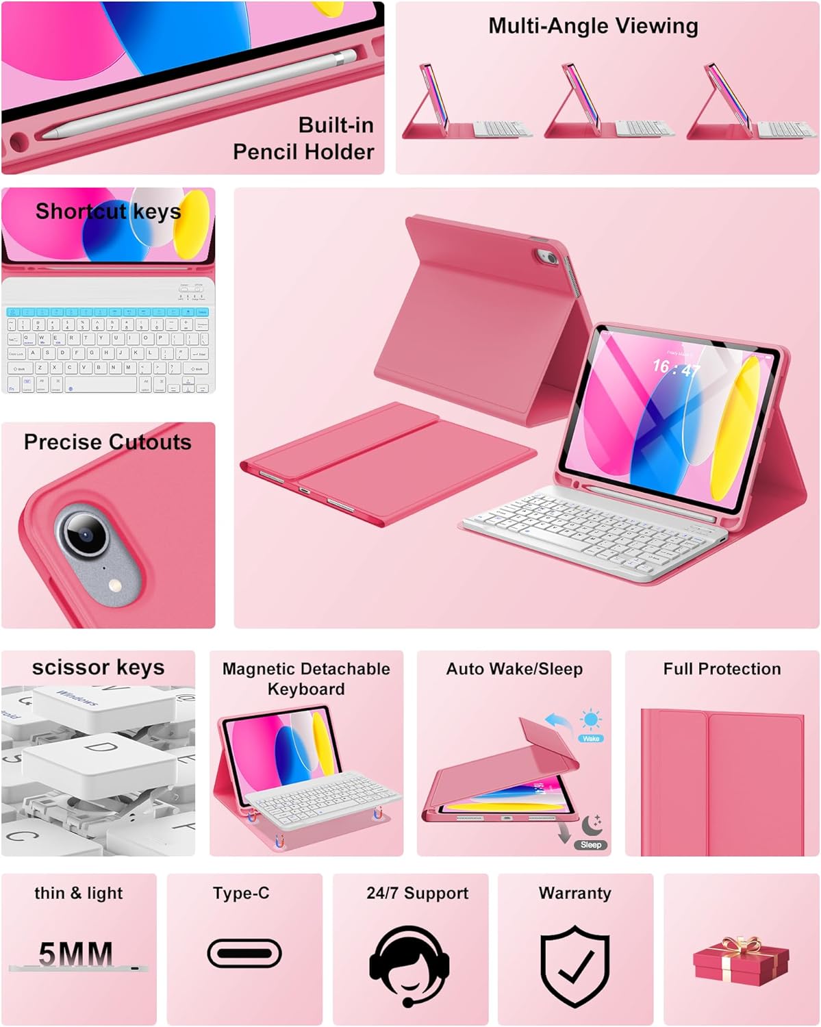 Keyboard Case for iPad 10th Generation 2022 10.9-inch - Rechargeable Detachable Wireless Bluetooth Keyboard - Smart Folio Cover with Pencil Holder for 10.9 inch Apple iPad 10th Generation, Red