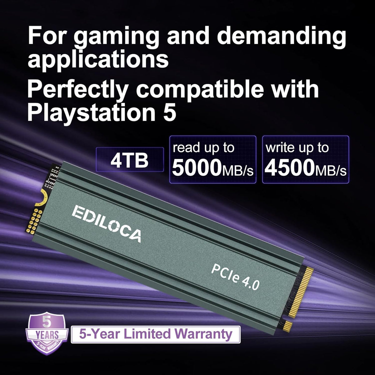 4TB M2 NVME SSD with Heatsink - PCIe Gen4.0 NVMe M.2 2280 3D NAND QLC, 5000MB/s Read, Internal Solid State Drive for PS5/PC, Dynamic SLC Cache, PS5 Storage Expansion, 5-Year Warranty(EN760)