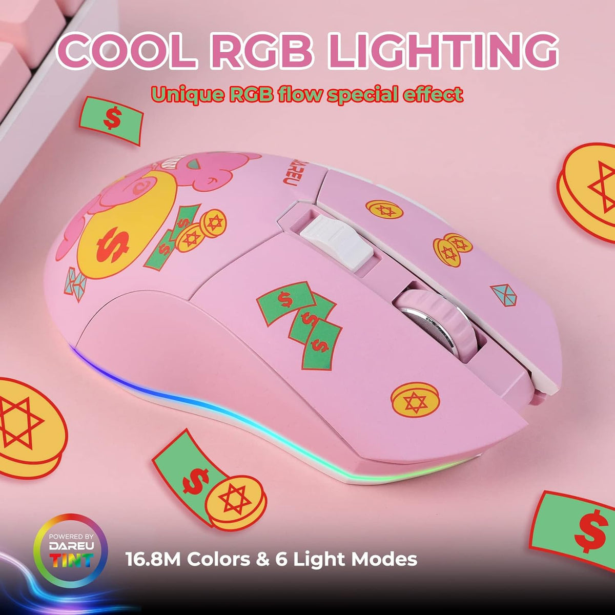 DAREU Pink Wireless Wired Gaming Mouse, Dual-Mode Rechargeable 7 Programmable Buttons,10K DPI,RGB and 7 Adjustable DPI Levels up to [150IPS] [1000Hz] for PC Notebook Mac(Lucky Bear)