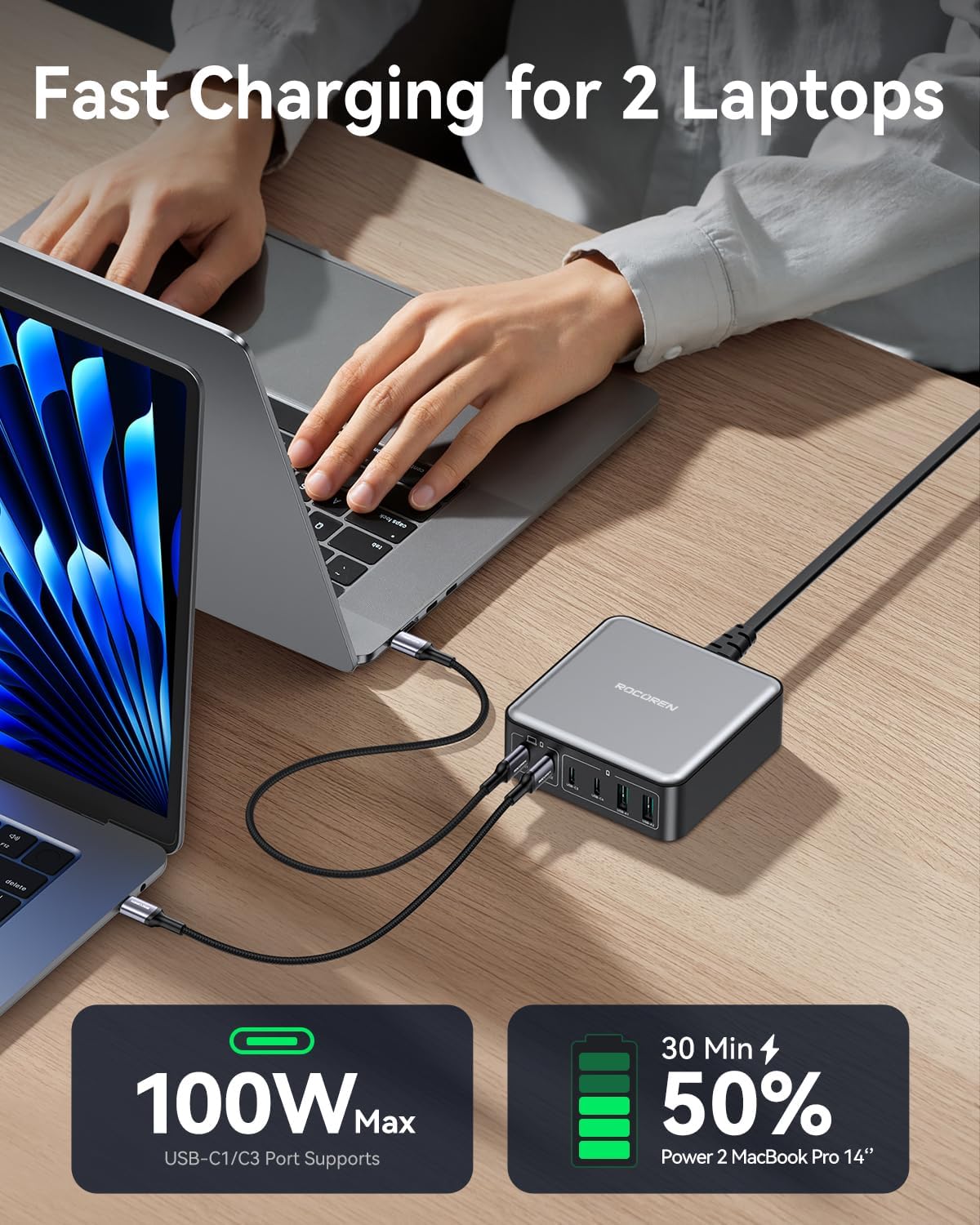 270W USB C Charger Block, Rocoren 6 Port Multi USB-C Charging Station,100W PD Fast USBC Gan Charger Station Hub Dock for Multiple Devices, Laptop Type C for MacBook/iPhone 16/iPad/Galaxy S25