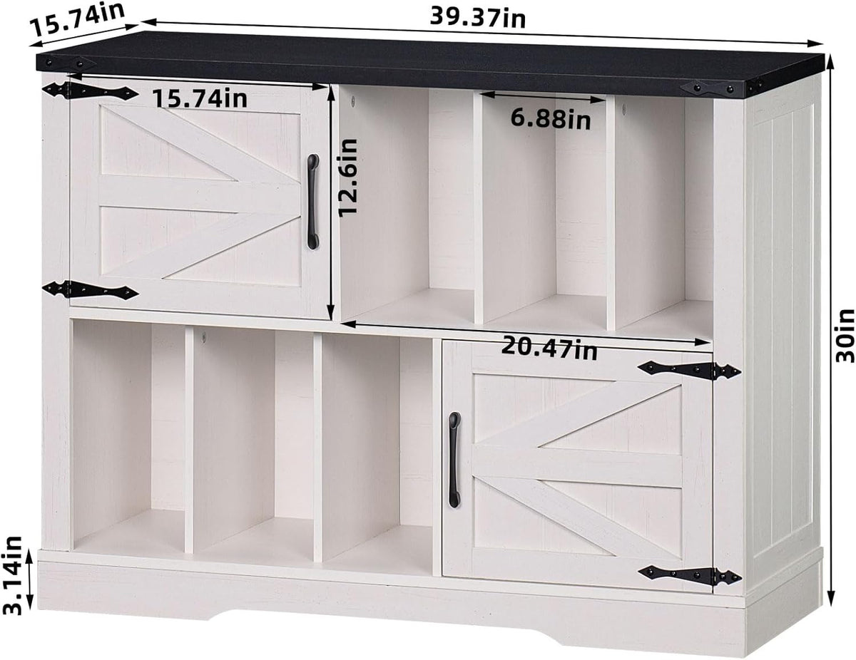 Large Record Player Stand with Vinyl Storage Up to 450 Albums, 39 Inch Farmhouse Rustic Wood White Storage Cabinet with Barn Doors, Vintage Mid-Century Turntable Stand for Bedroom, Living Room