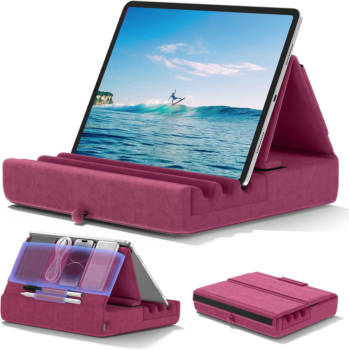 KDD Tablet Pillow Holder, Foldable iPad Stand for Lap, Bed and Desk -Tablet Soft Pad Dock with Pocket & Stylus Mount Compatible with iPad Pro 12.9, 10.5, 9.7 Air Mini 6 5 4 3, Galaxy Tab, E-Reader