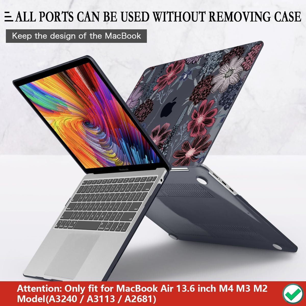 CISSOOK Compatible with MacBook Air 13.6 inch Case 2022 2023 2024 2025 Model A2681 A3113 A3240, Plastic Hard Case with Keyboard Cover Screen Protector Type C Adapter, Texture Flowers