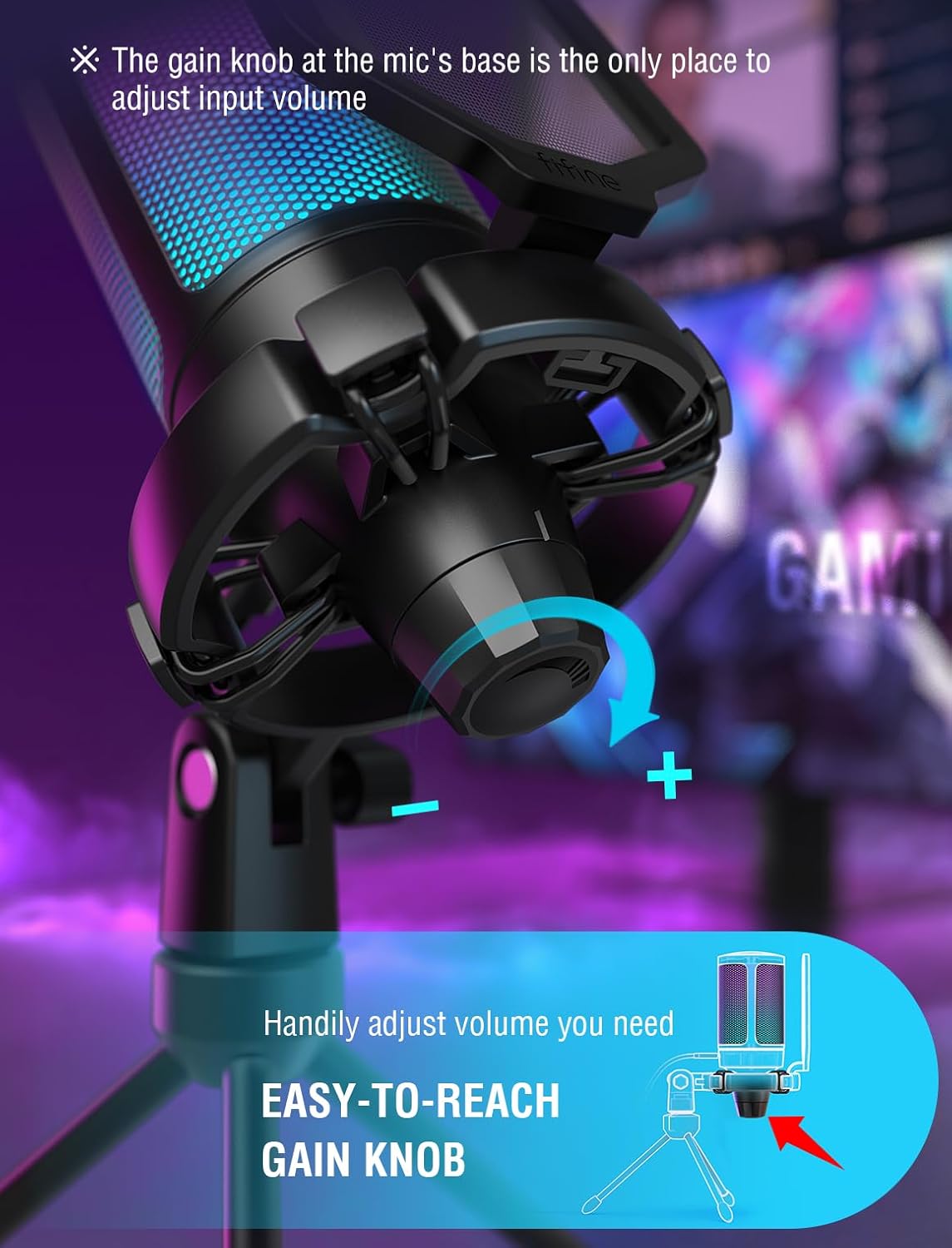 FIFINE Gaming USB Microphone for PC PS5, Condenser Mic with Quick Mute, RGB Indicator, Tripod Stand, Pop Filter, Shock Mount, Gain Control for Streaming Discord Twitch Podcasts Videos- AmpliGame