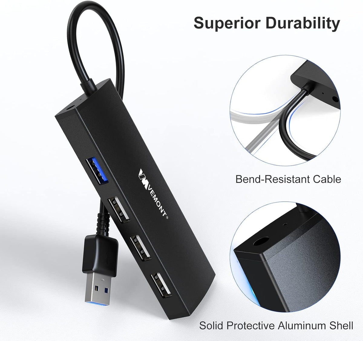 USB Hub,VEMONT 4-Port USB 3.0/2.0 HUB,Ultra Slim Portable High-Speed USB Splitter Applicable for PC Laptop, Desktop, Notebook, MacBook and More