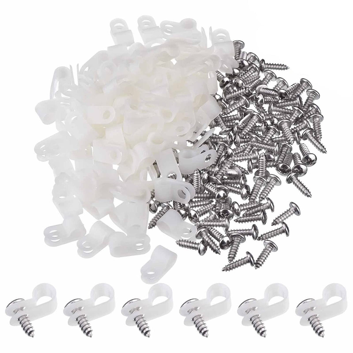 Hicarer 50 Pack R-Type Cable Clip Wire Clamp, Nylon Screw Mounting Cord Fastener Clips with 50 Pack Screws for Wire Management (White,1/2 Inch)