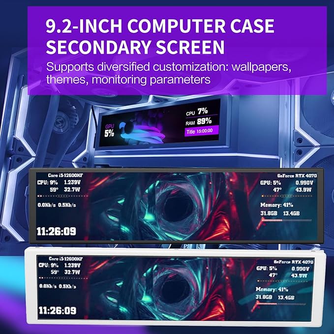 Tangxi 9.2inch Computer Case Secondary Screen Horizontal and Vertical Themes 1920x462 FHD PC Temperature Display USB Mini Screen with Landscape Portrait Mode (Black)