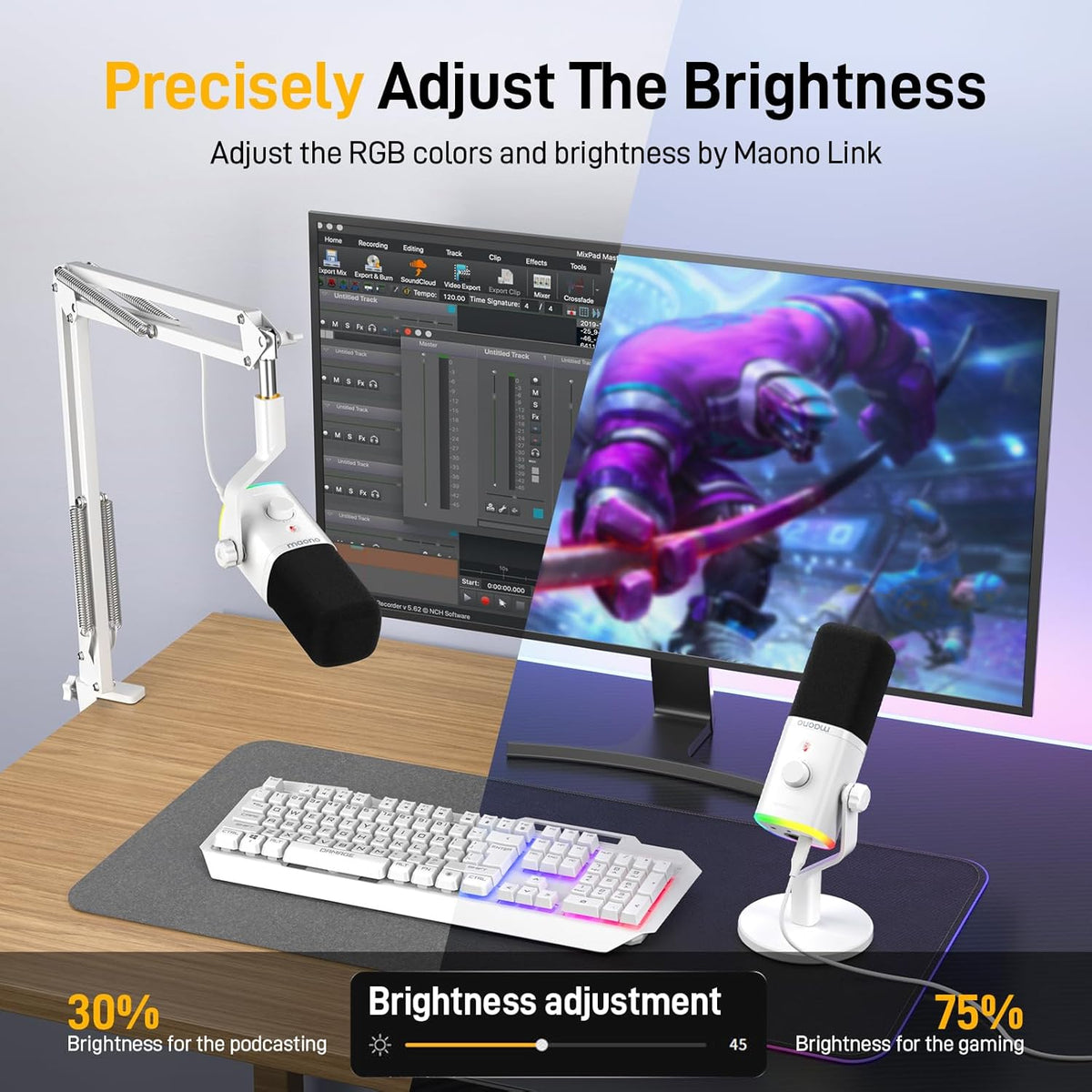 MAONO XLR/USB Gaming Microphone Kit: Dynamic PC Mic for Streaming Podcasting, Software Support, Mute Button, Gain Control, RGB Computer Mic with Boom Arm Stand, for Recording, PS4/PS5, PD100XS White