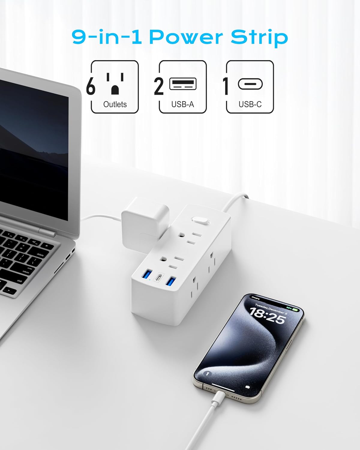 European Travel Plug Adapter, Olcorife US to Europe Type E/F Plug Adapter, International Power Strip with 6 Outlets and 3 USB(1 USB-C), 5 FT Cord for Germany France Iceland Spain