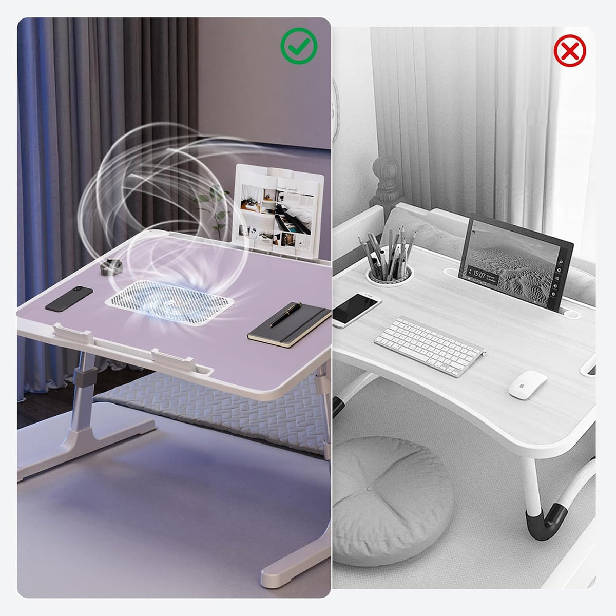 Laptop Lap Desk Include Cooling Fan,Adjustable Lap Desk with Light Fan,Folding Laptop Desk for Bed with USB,Bed Desk with Storage Drawer 56x32cm,Purple