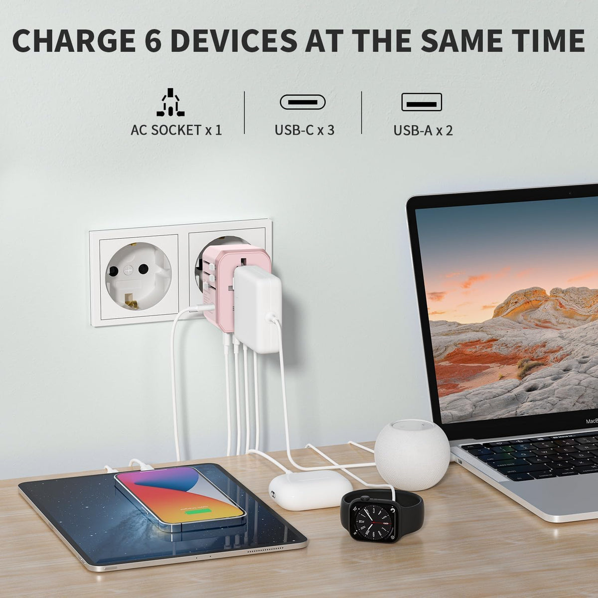 EPICKA Universal Travel Adapter, International Power Plug Adapter with 3 USB-C and 2 USB-A Ports, All-in-One Worldwide Wall Charger for USA EU UK AUS (TA-105C, Pink)