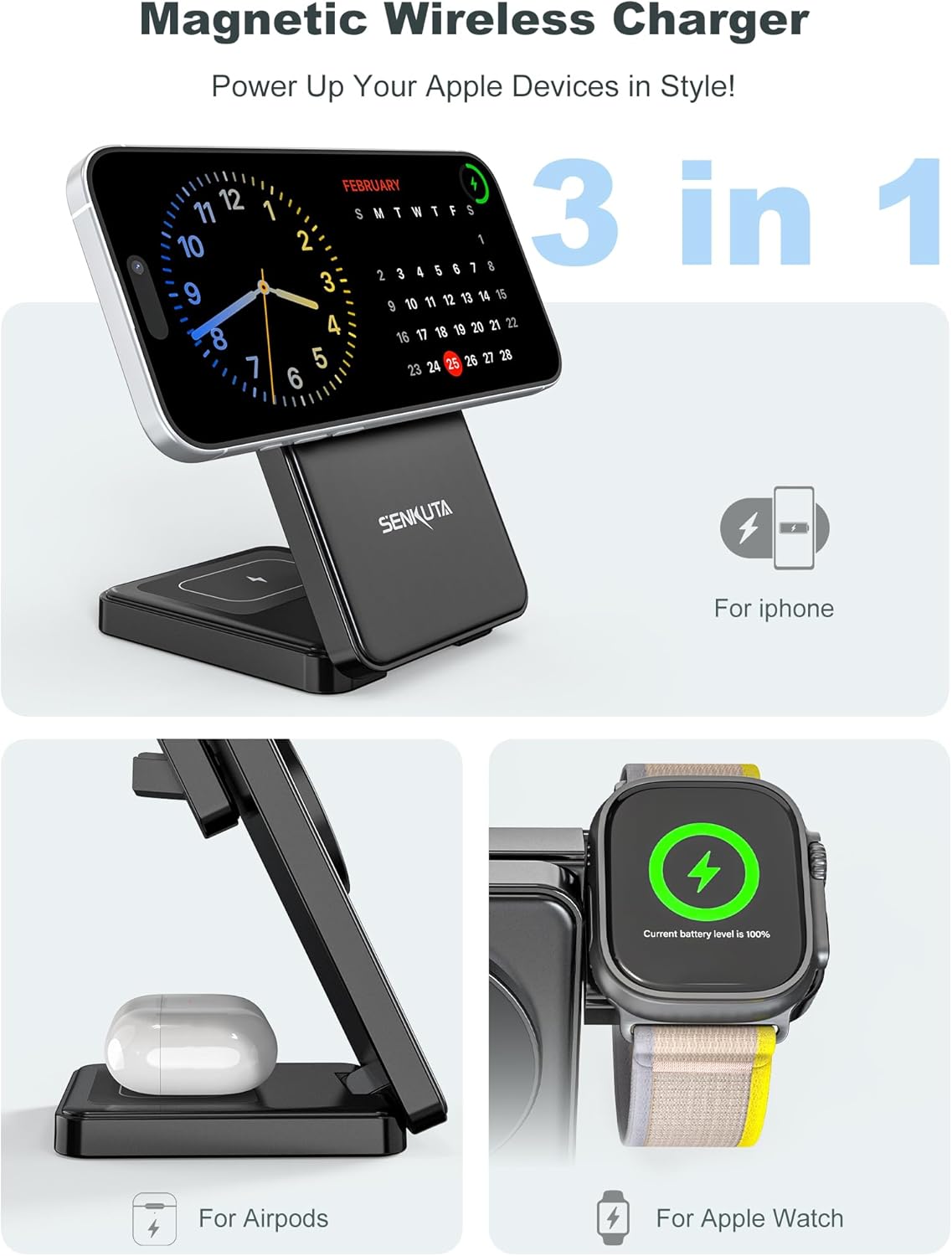 Wireless Charger Charging Station for Apple: 3 in 1 Wireless Charger Multiple Devices for iPhone 16/15/14/13/12 - Fast Travel Charger Stand for Apple iWatch Ultra 5/4/3 AirPods Pro 4/3/2(18W Adapter)