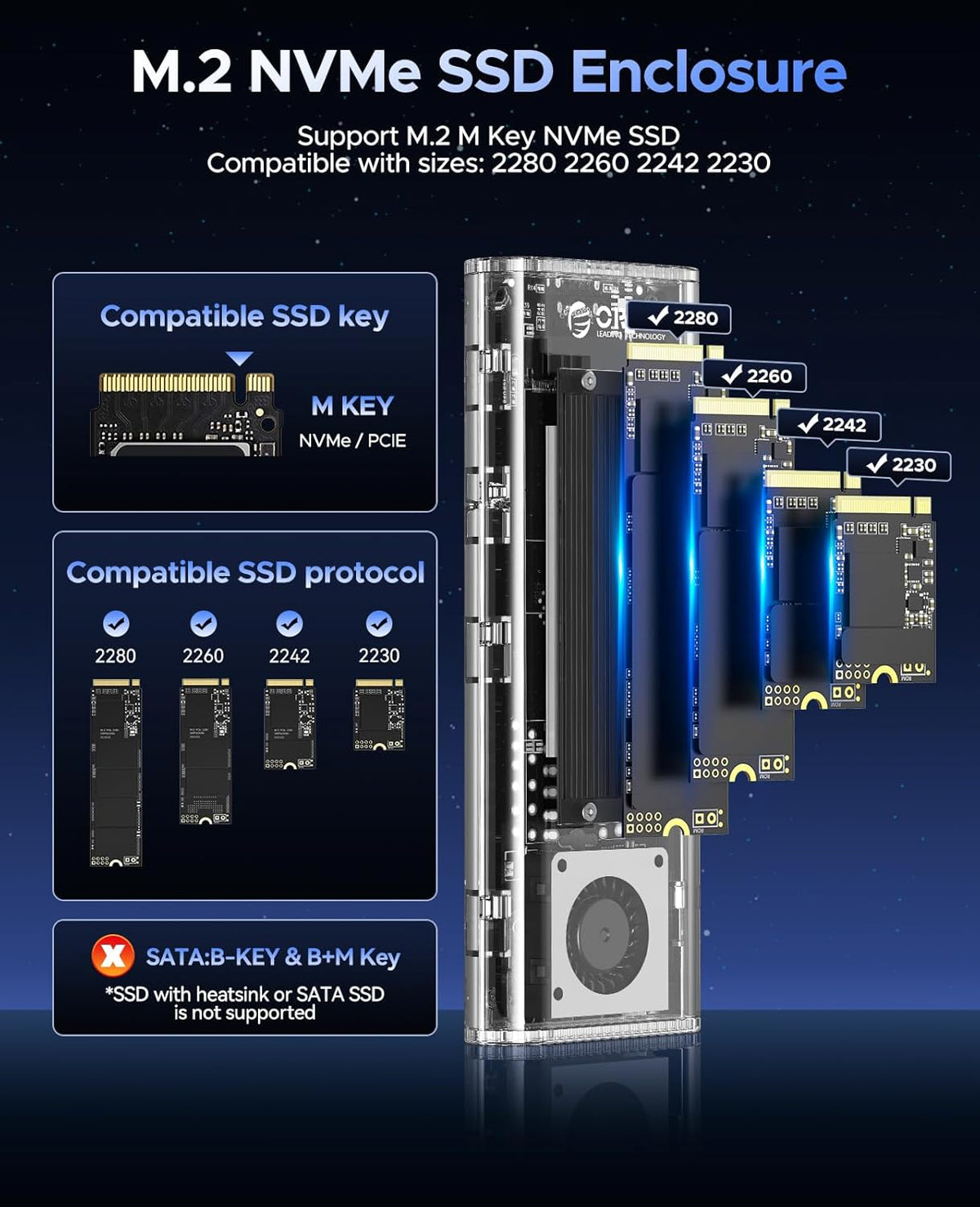 ORICO 40Gbps M.2 NVMe SSD Enclosure with Built-in Cooling Fan, Tool-Free External Hard Drive Enclosure, Support 2230 2242 2260 2280(M Key), Compatible with Thunderbolt 3/4 USB4/3.2/3.1/3.0/2.0-TCM2U4
