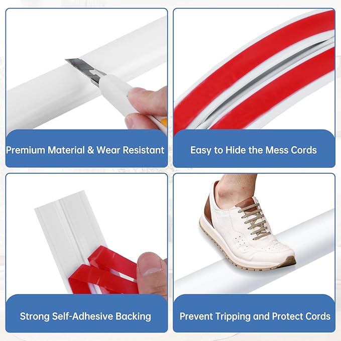 Floor Cord Cover Self Adhesive Cord Hider Floor Extension Cord Covers for Floor Power Cord Protector Cable Management Prevent Cable Trips Cable Cavity 0.32" W x 0.32" H (White, 20Ft)