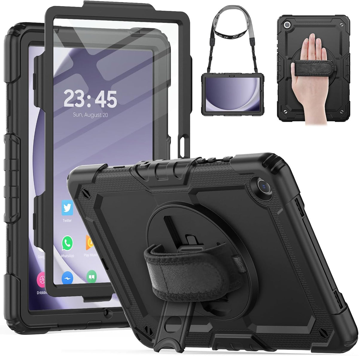 HXCASEAC Case for Samsung Galaxy Tab A9+ Plus 11 Inch, Protective with Screen Protector/Hand Strap/Pen Holder, Sturdy Shockproof for Samsung A9 Plus Tablet Case SM-X210 SM-X216 SM-X218 - Black