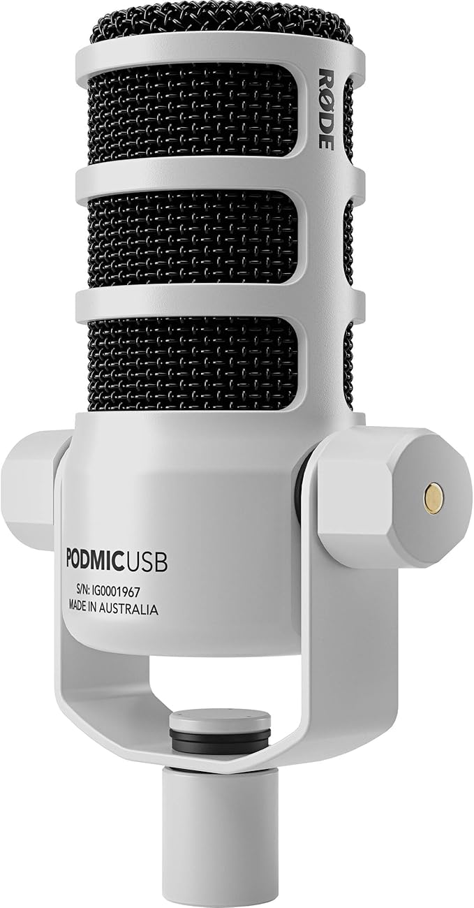Rode PodMic USB Dynamic Broadcast Microphone (White) with On-Stage Stands MS7701B Tripod Mic Stand and XLR Cable